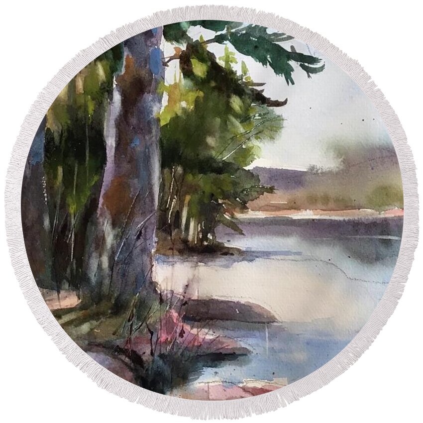 Landscape Round Beach Towel featuring the painting Half moon shoreline by Judith Levins