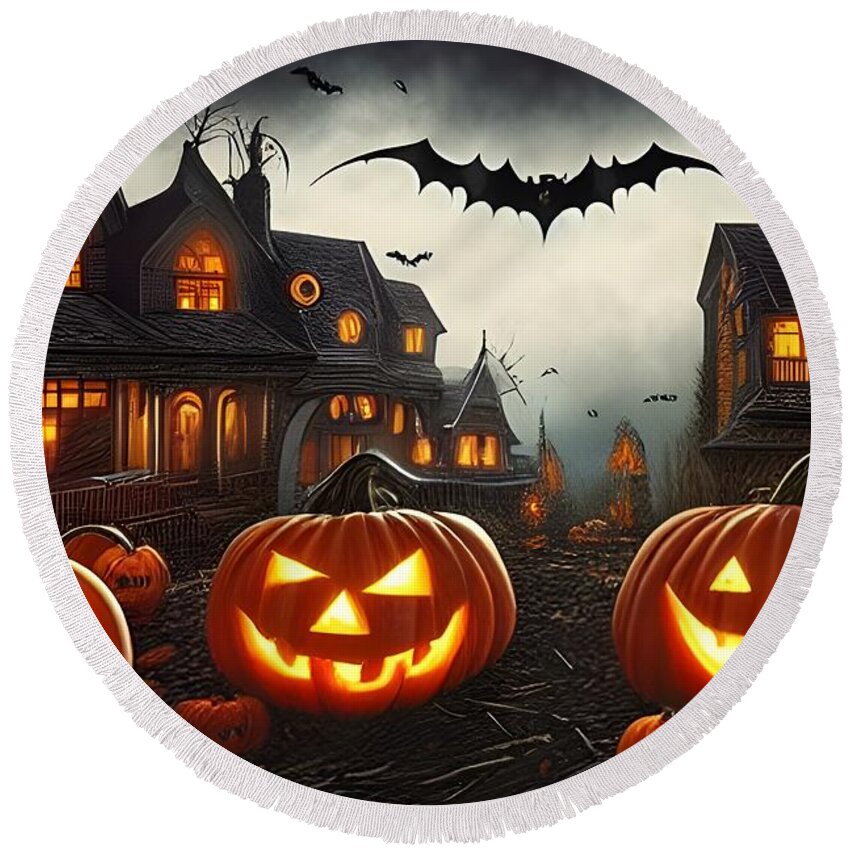 Digital Round Beach Towel featuring the digital art Halloween Houses by Beverly Read
