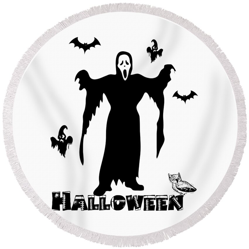 Witch Round Beach Towel featuring the digital art Halloween Scary Death Face, Scary Ghosts And Bats Black And White Graphic Design, Halloween Party by Mounir Khalfouf
