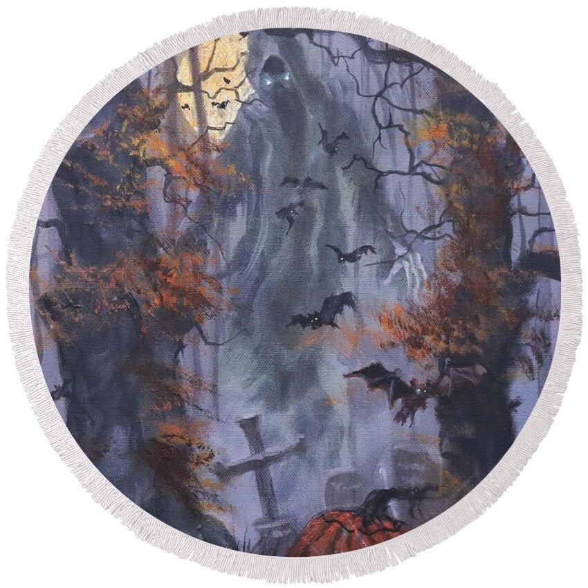 Halloween Specter Round Beach Towel featuring the painting Halloween Specter by Tom Shropshire