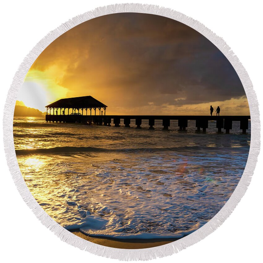 Hawaii Round Beach Towel featuring the photograph Hanalei Pier by Dan McGeorge