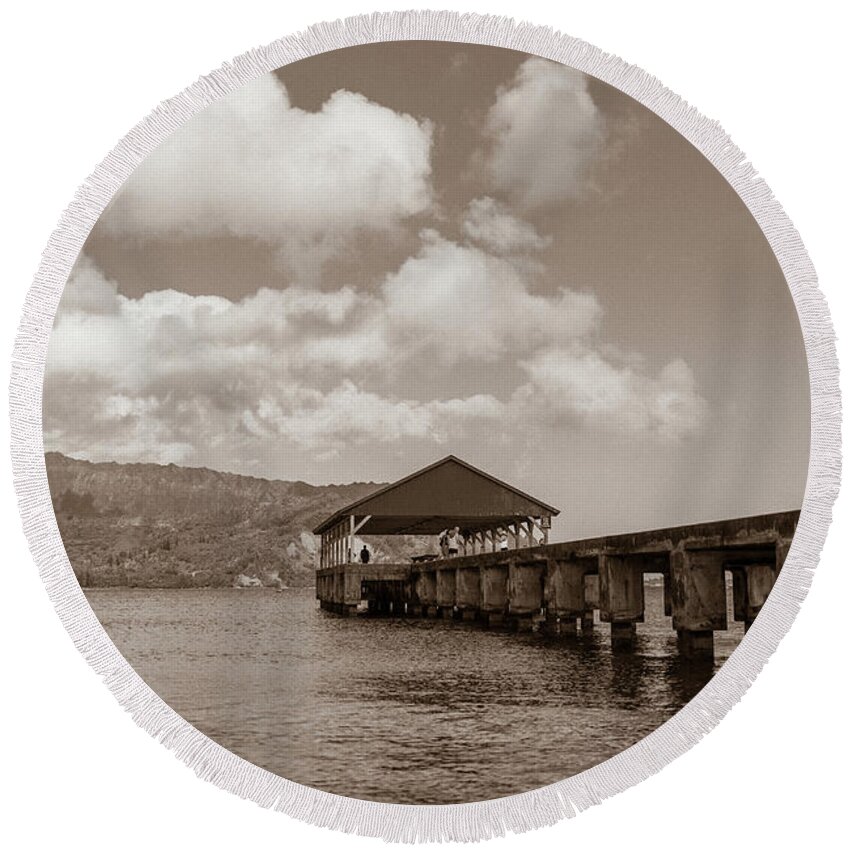 Hawaii Round Beach Towel featuring the photograph Hanalei Pier by David Whitaker Visuals