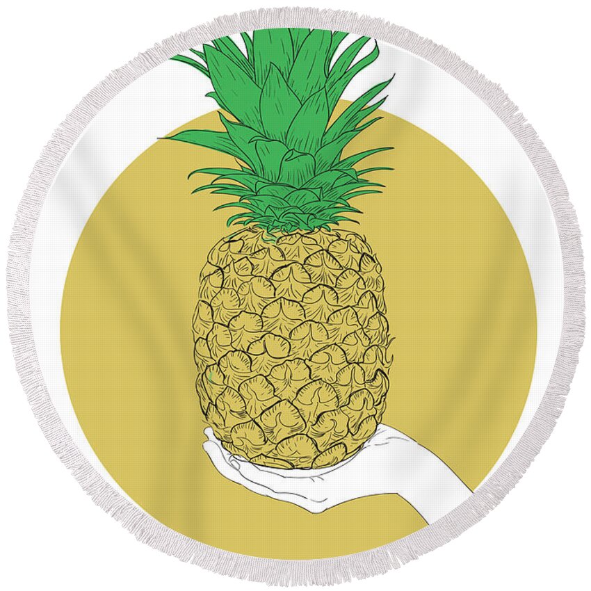 Graphic Round Beach Towel featuring the digital art Hand Holding Pineapple - Line Art Graphic Illustration Artwork by Sambel Pedes
