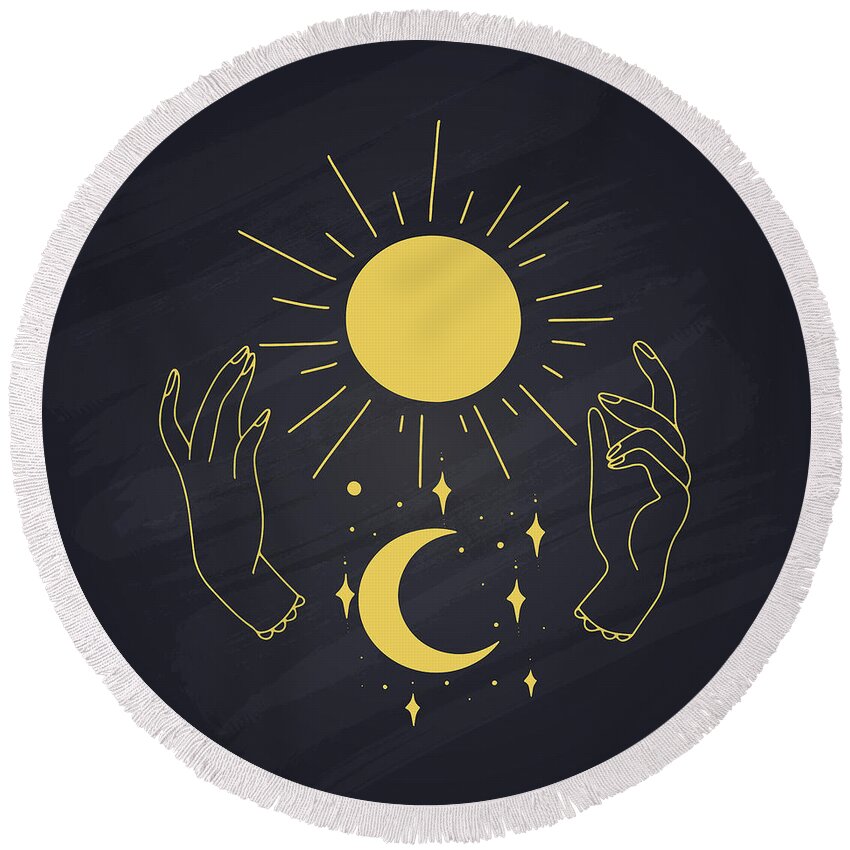Celestial Body Round Beach Towel featuring the drawing Hands Holding Sun Ray And Moon Crescent, Minimal Wall Art by Mounir Khalfouf