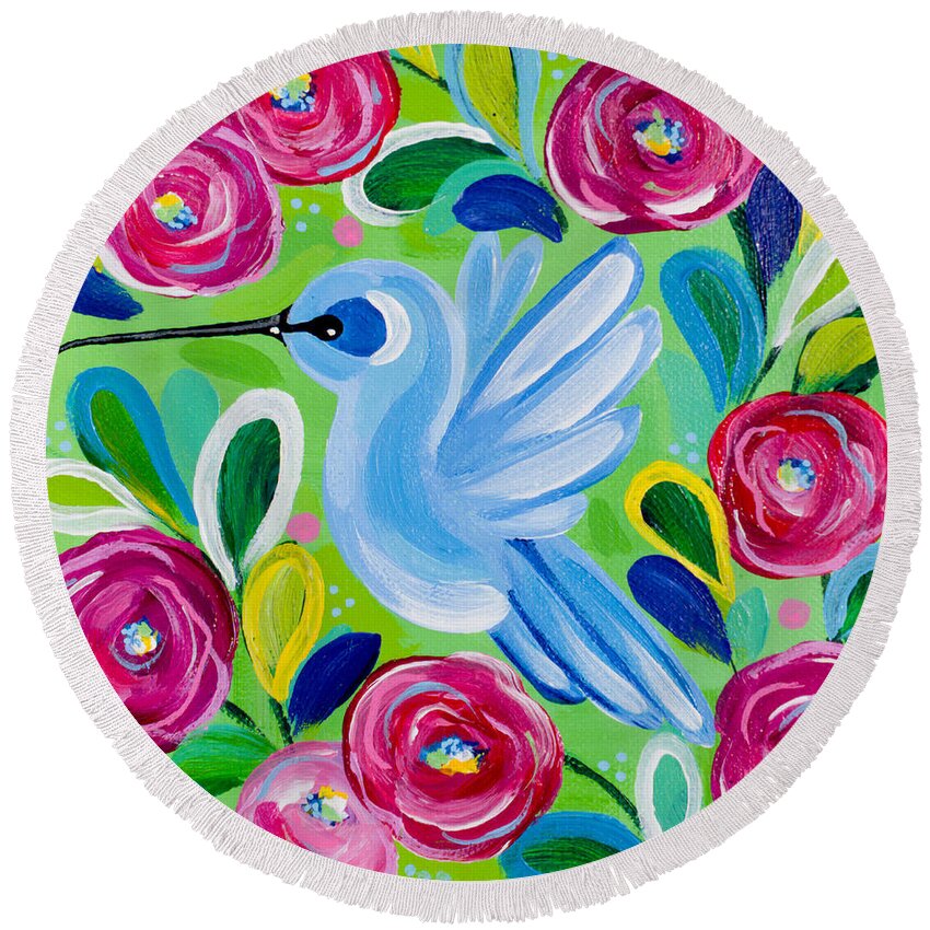 Hummingbird Round Beach Towel featuring the painting Hanging Around by Beth Ann Scott