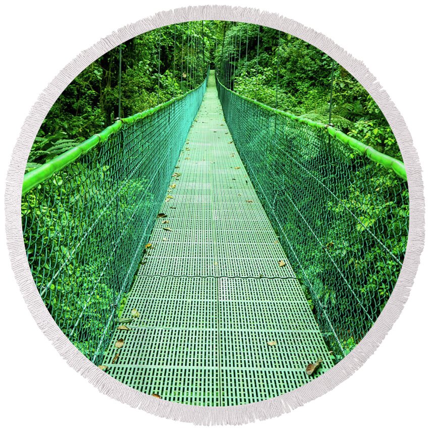 Hanging Bridge Round Beach Towel featuring the photograph Hanging Bridge in Cloud Forest in Monte Verde Costa Rica by Leslie Struxness
