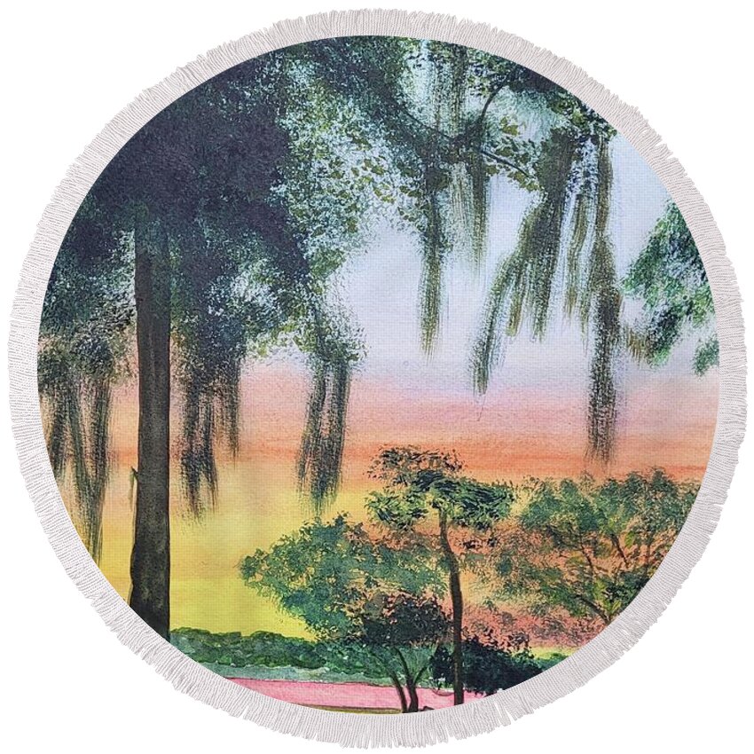 St Helena Island Round Beach Towel featuring the painting Hanging Moss by Ann Frederick