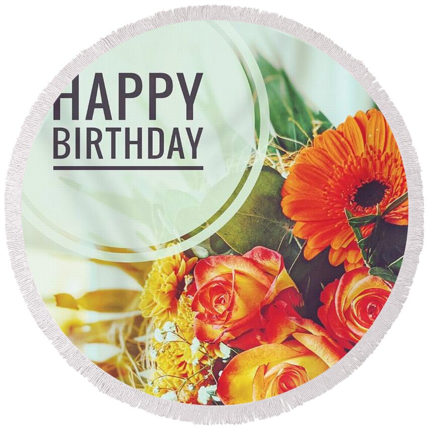 Greeting Card Round Beach Towel featuring the mixed media Happy Birthday Flower Bouquet by Claudia Zahnd-Prezioso