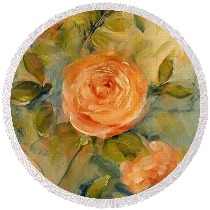Rose Round Beach Towel featuring the painting Happy But Missing Mom Day Floral Painting by Lisa Kaiser