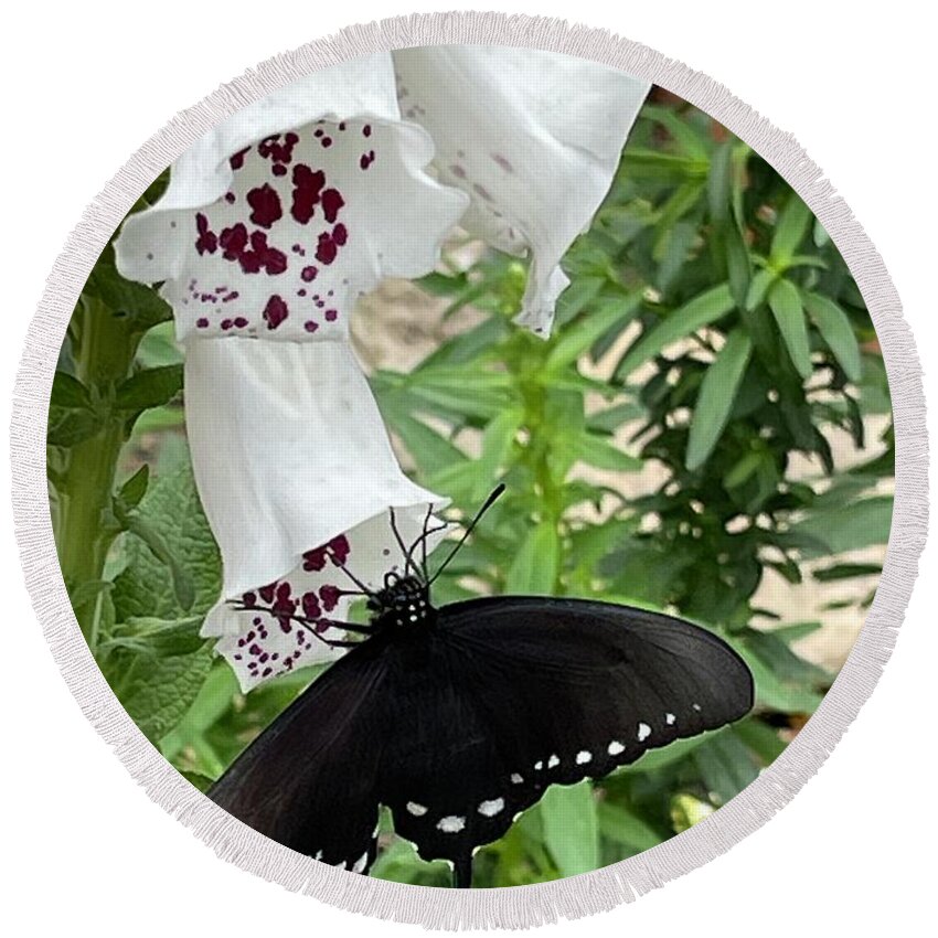 Butterfly Black White Flower Maroon Leaves Green Beige Wall Insect Round Beach Towel featuring the digital art Happy Butterfly by Kathleen Boyles