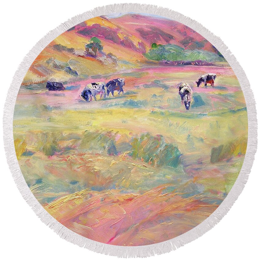 Cow Round Beach Towel featuring the painting Happy Cows, Tomales Bay by John McCormick