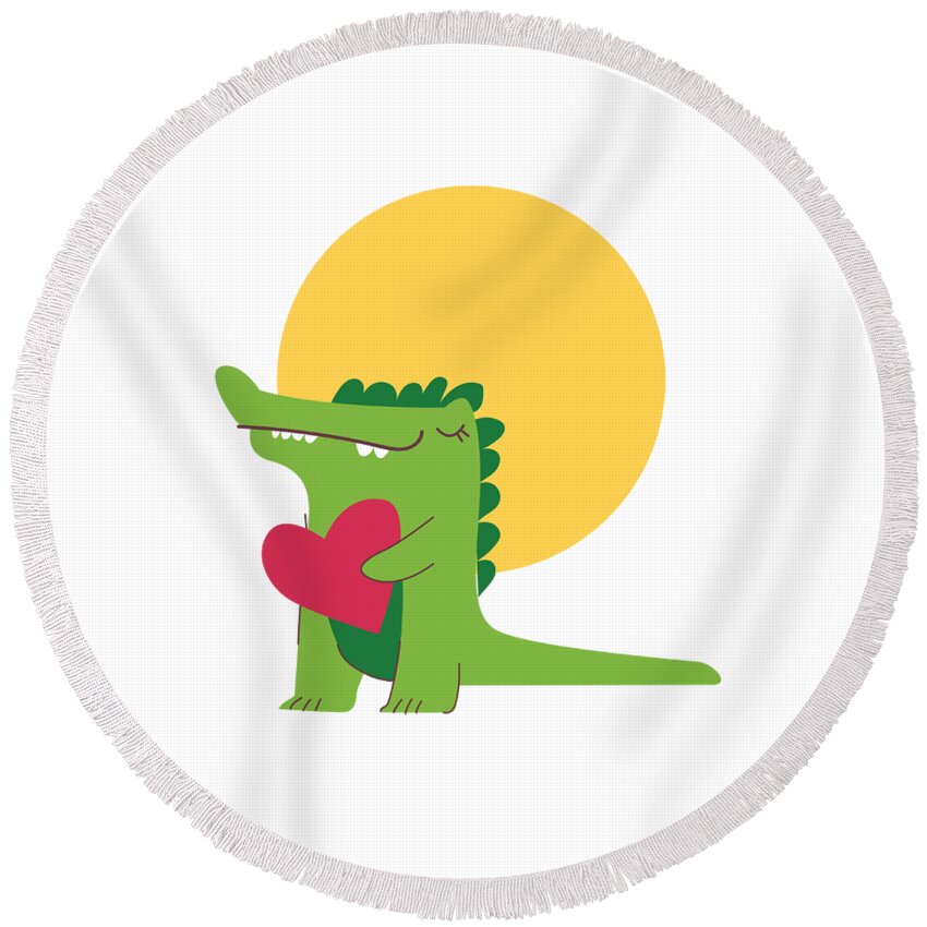 Adorable Round Beach Towel featuring the digital art Happy Crocodile Holding a Big Heart by Jacob Zelazny