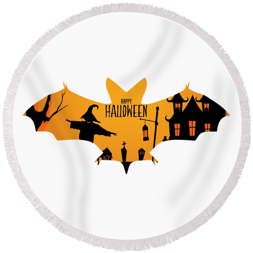 Drawing Round Beach Towel featuring the digital art Happy Halloween Isolated Bat Silhouette, Halloween Graphic Design by Mounir Khalfouf