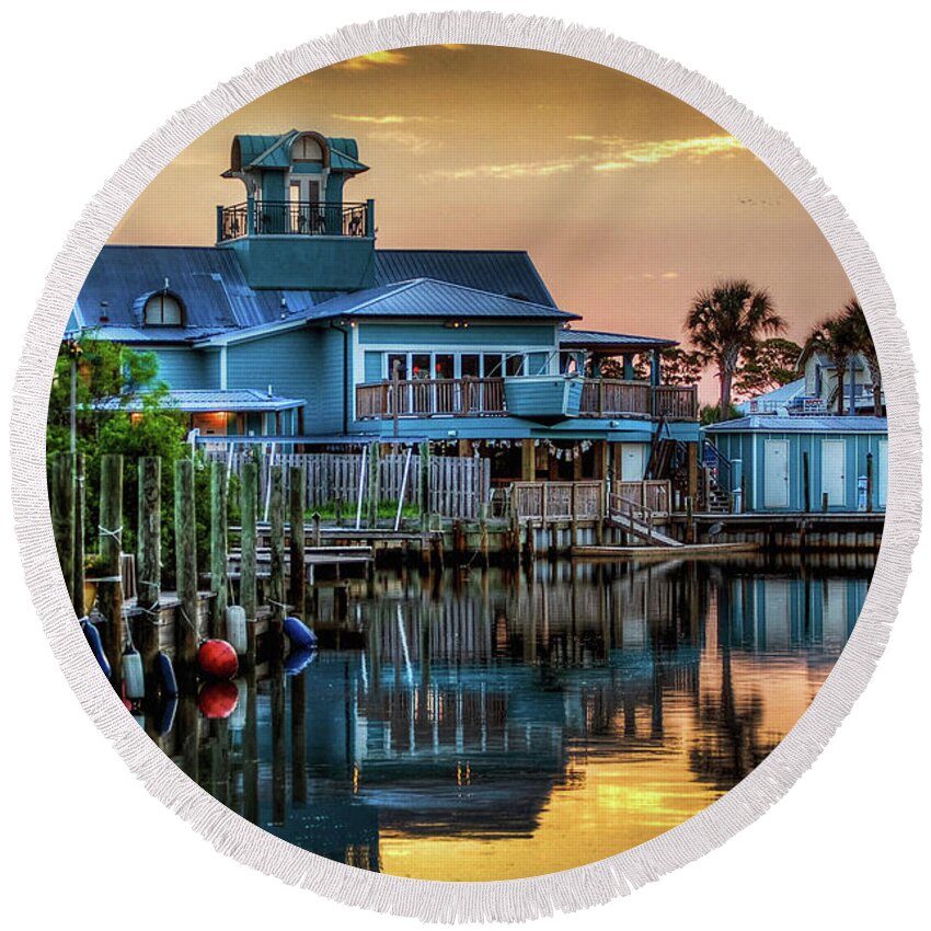 Gulfcoast Round Beach Towel featuring the photograph Happy Harbor Blue House by Michael Thomas