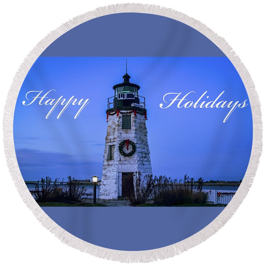 Happy Holidays From Goat Island Lighthouse Round Beach Towel featuring the photograph Happy Holidays from Goat Island Lighthouse by Christina McGoran