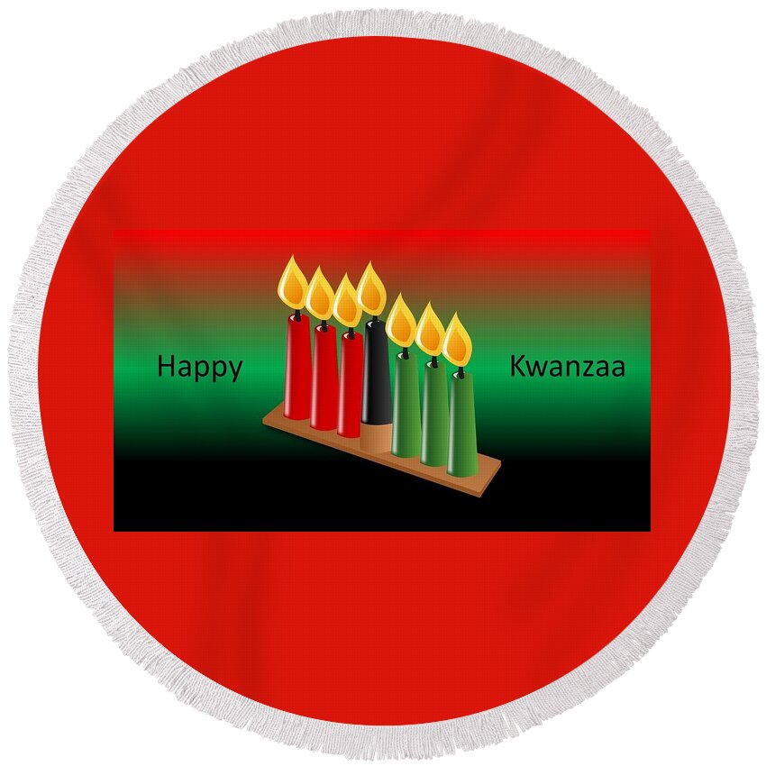 Kwanzaa Round Beach Towel featuring the mixed media Happy Kwanzaa by Nancy Ayanna Wyatt