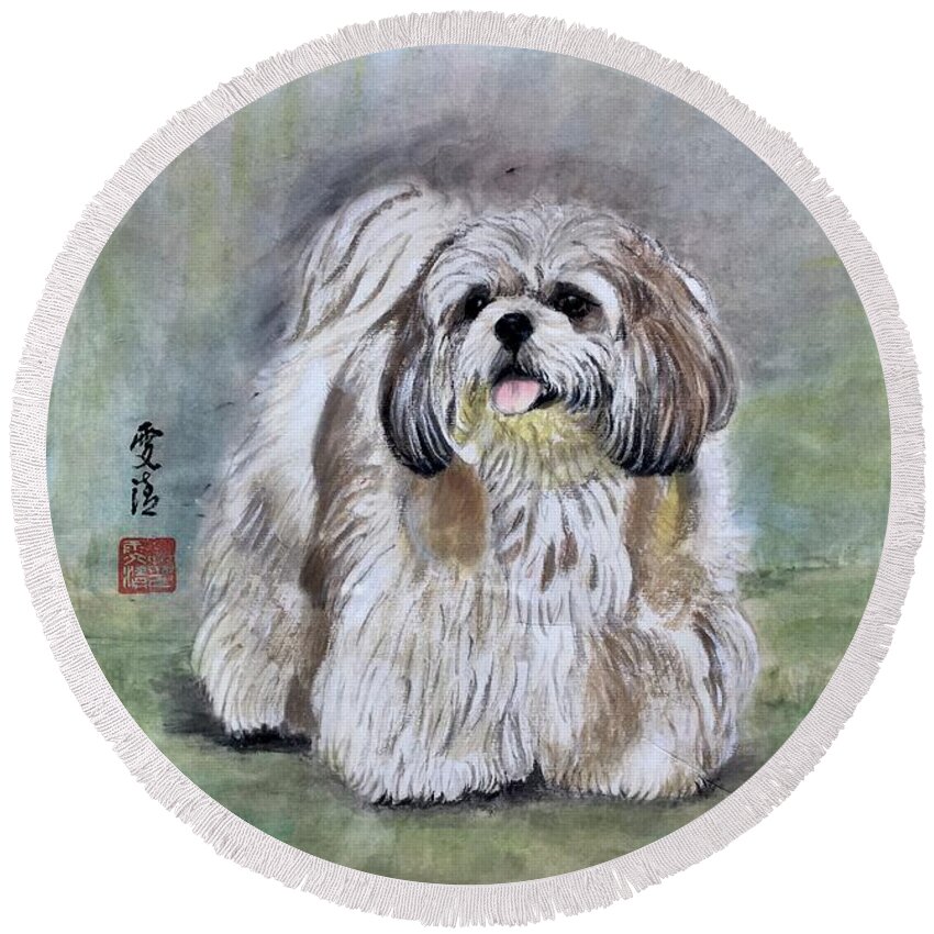 Puppy Round Beach Towel featuring the painting Happy Little Puppy by Carmen Lam