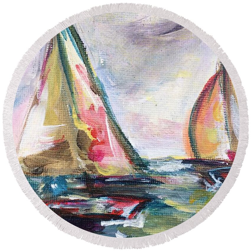 Abstract Boats Round Beach Towel featuring the painting Happy Sails by Roxy Rich