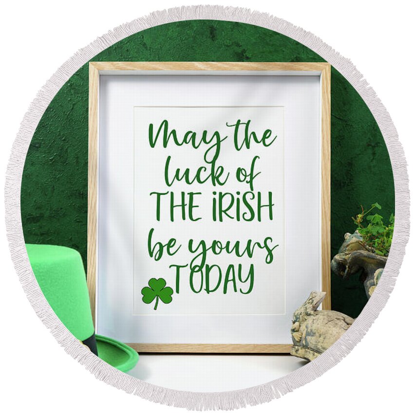 St Patrick Round Beach Towel featuring the photograph Happy St Patrick's Day wood border picture frame. by Milleflore Images