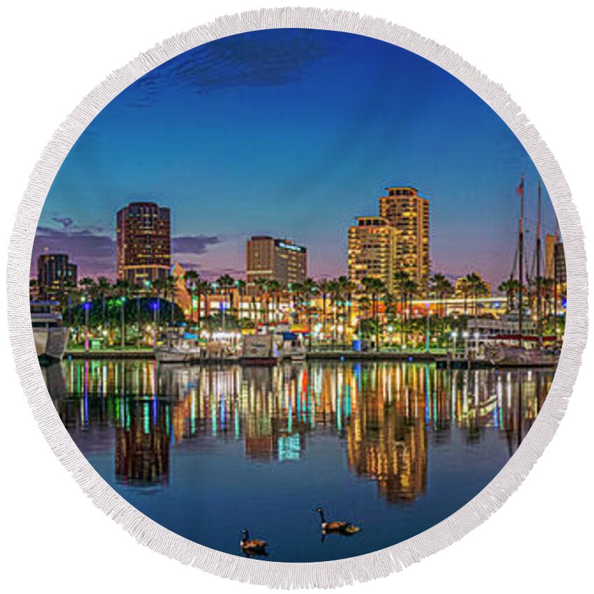 Long Beach Round Beach Towel featuring the photograph Harbor Magic Hour Cityscape Vista by David Zanzinger