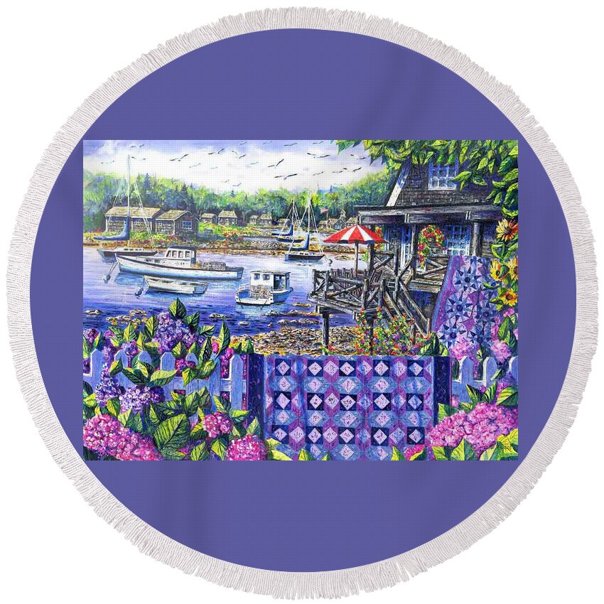 Harbor Round Beach Towel featuring the painting Harbor View by Diane Phalen