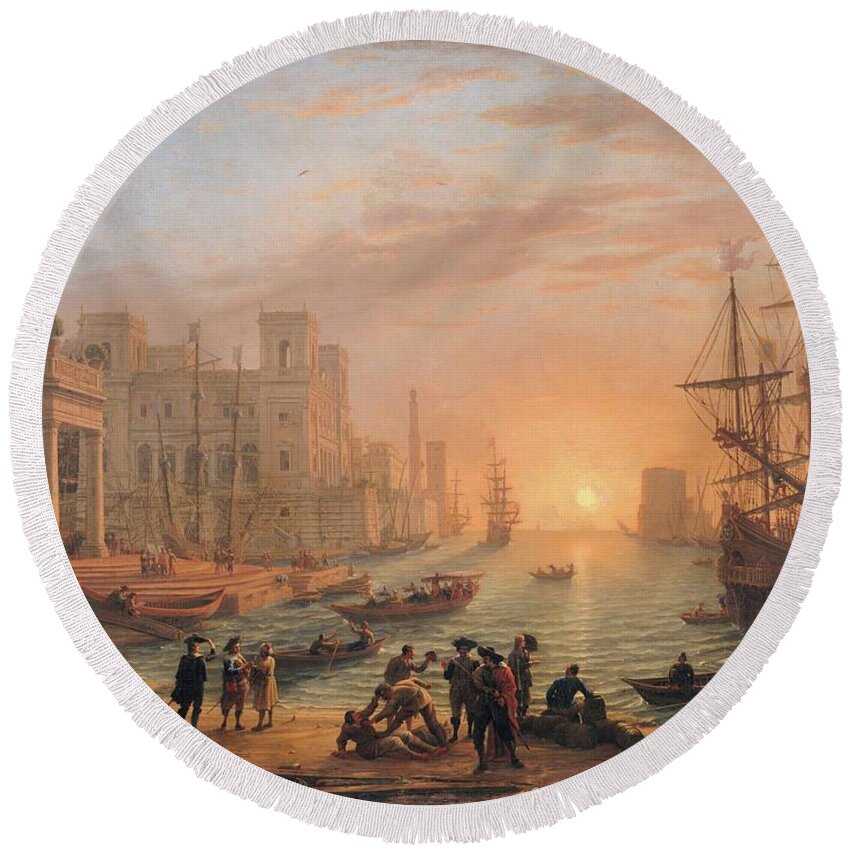 Italy Round Beach Towel featuring the painting Harbour Scene at Sunset by MotionAge Designs