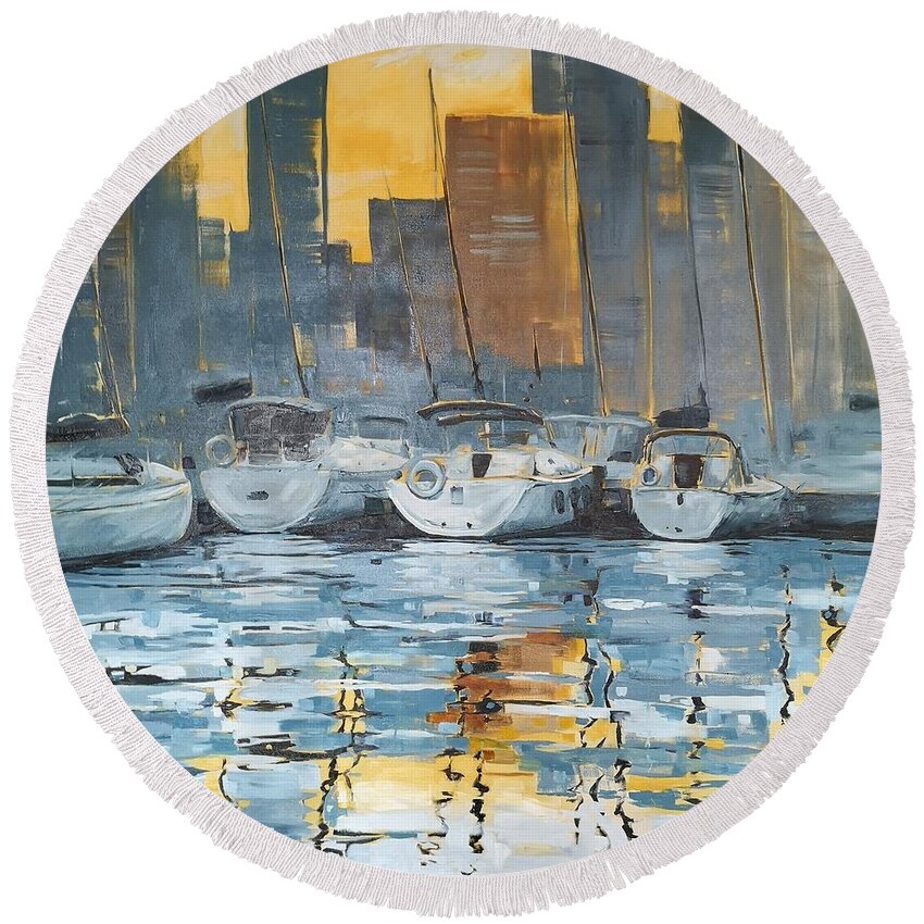 Harbour Round Beach Towel featuring the painting Harbour by Sheila Romard