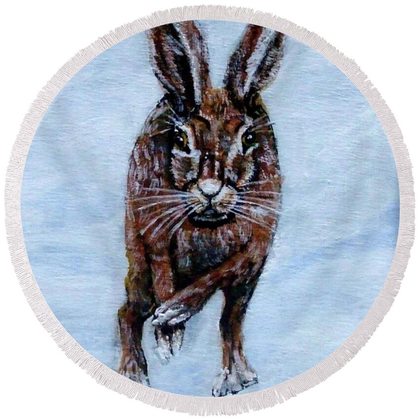 Hare Round Beach Towel featuring the painting HARE Running by Mackenzie Moulton