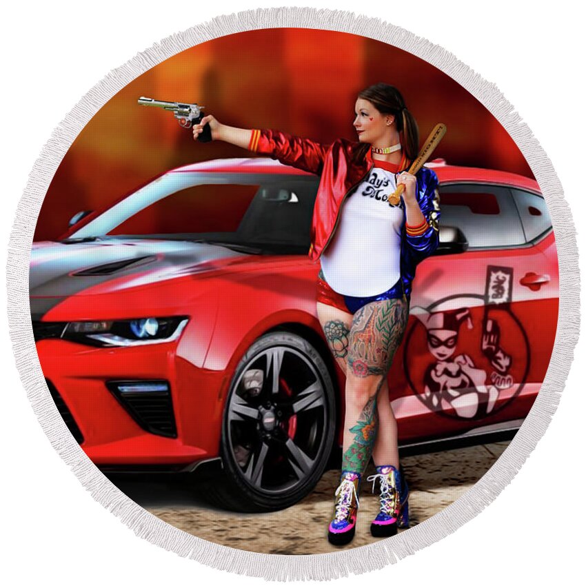 Harley Round Beach Towel featuring the photograph Harley Quinn Pistols and Car by Jon Volden