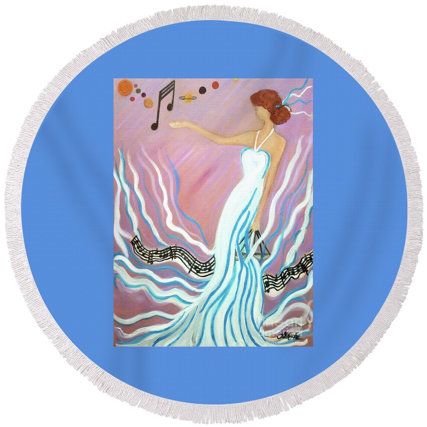 Music Round Beach Towel featuring the painting Harmonic Law by Artist Linda Marie