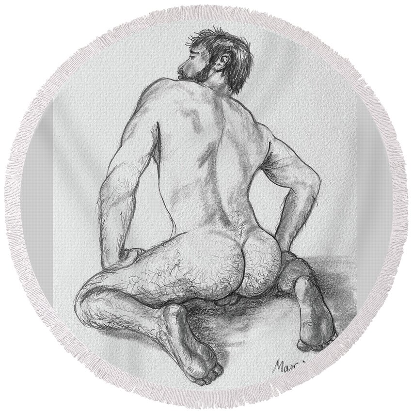 Nude Male Round Beach Towel featuring the drawing Harry Bottoms by Marc DeBauch
