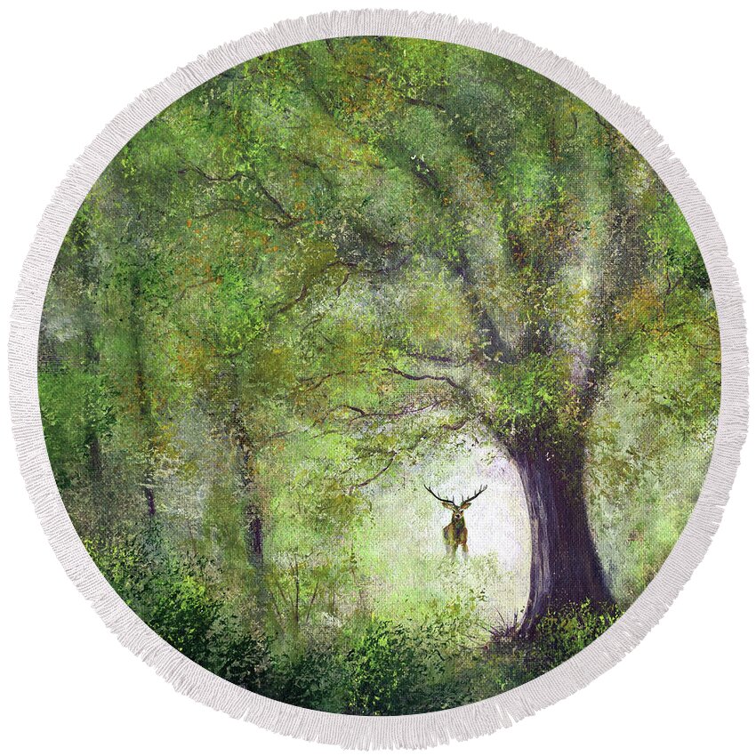 Hart Round Beach Towel featuring the painting Hart of the Woodland by Laura Iverson