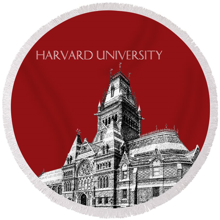University Round Beach Towel featuring the digital art Harvard University - Memorial Hall - Dark Red by DB Artist
