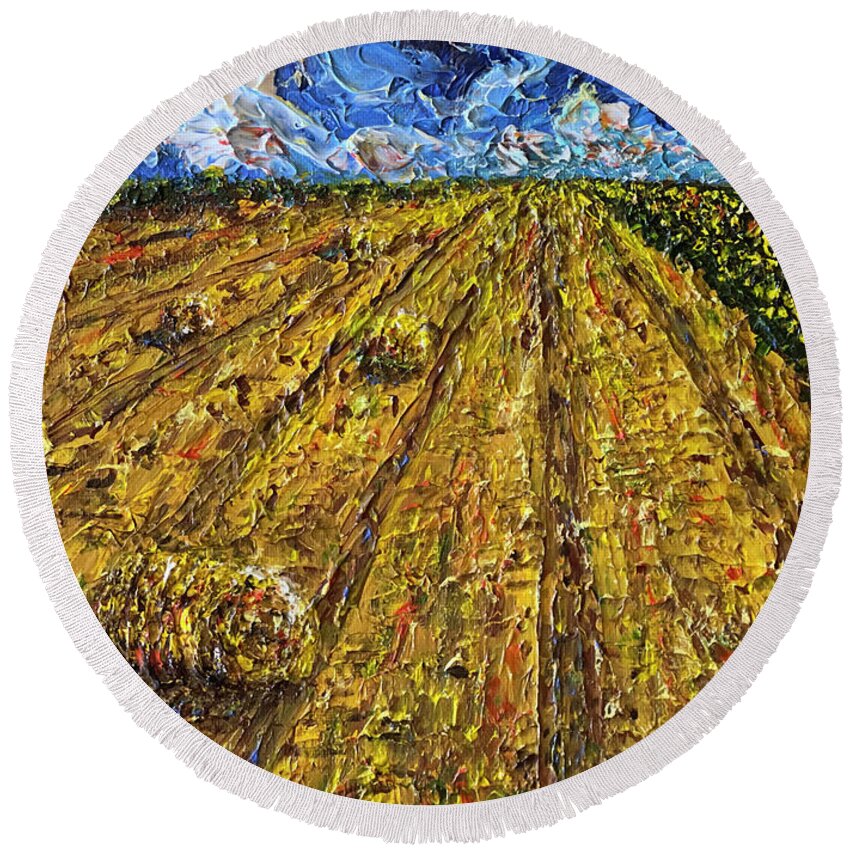 Harvest Round Beach Towel featuring the painting Harvest Memories by Linda Donlin