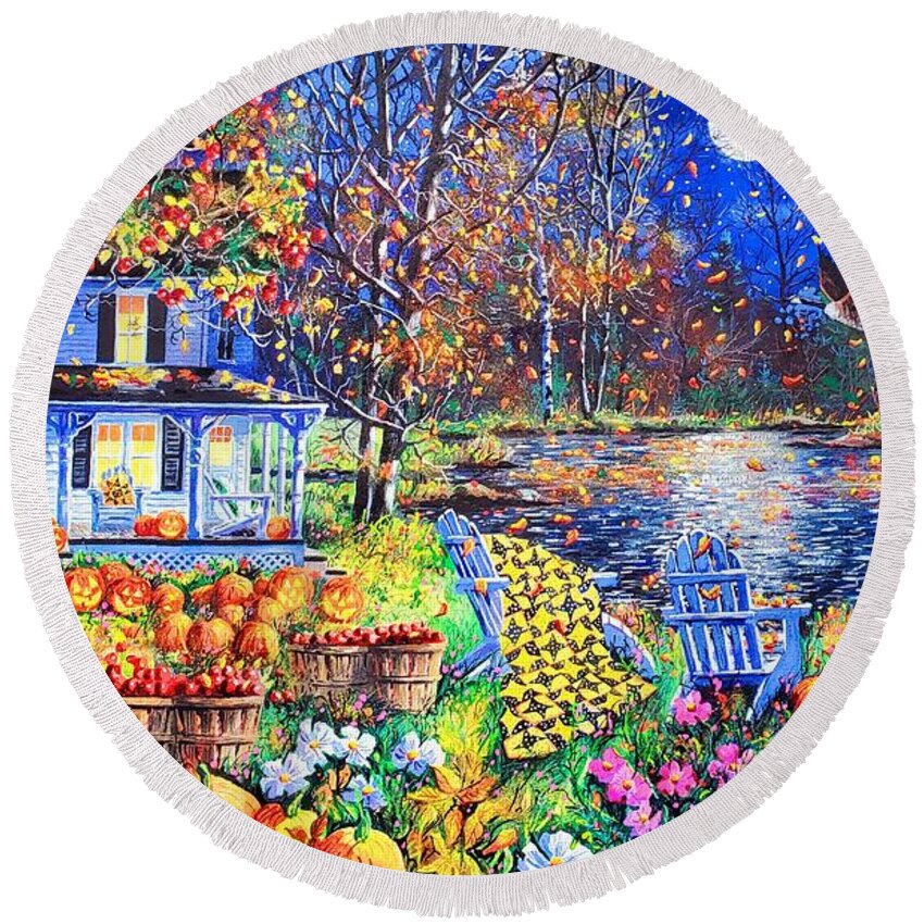Harvest Moon Featuring A Full Moon On A Halloween Evening Round Beach Towel featuring the painting Harvest Moon by Diane Phalen