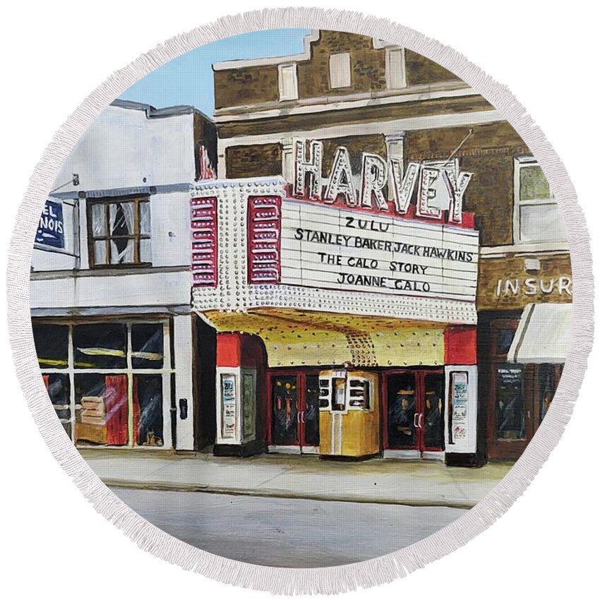 Harvey Illinois Round Beach Towel featuring the painting Harvey Theater by William Brody