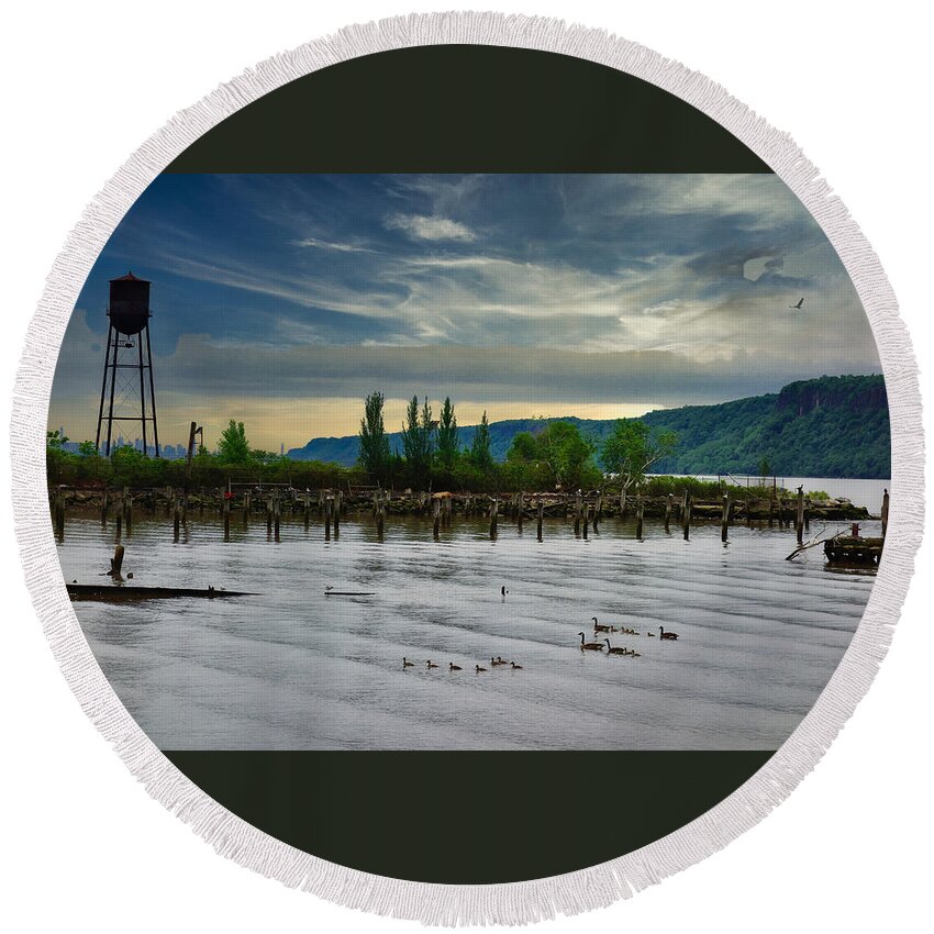 Hudson Round Beach Towel featuring the photograph Hastings on Hudson Water Tower Ducks and Eagle by Russ Considine