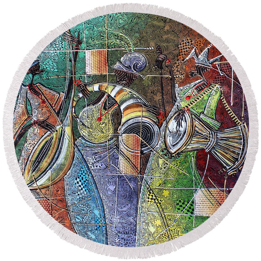 Africa Round Beach Towel featuring the painting Yoruba, Hausa, Ibo Musicians - 5 by Paul Gbolade Omidiran
