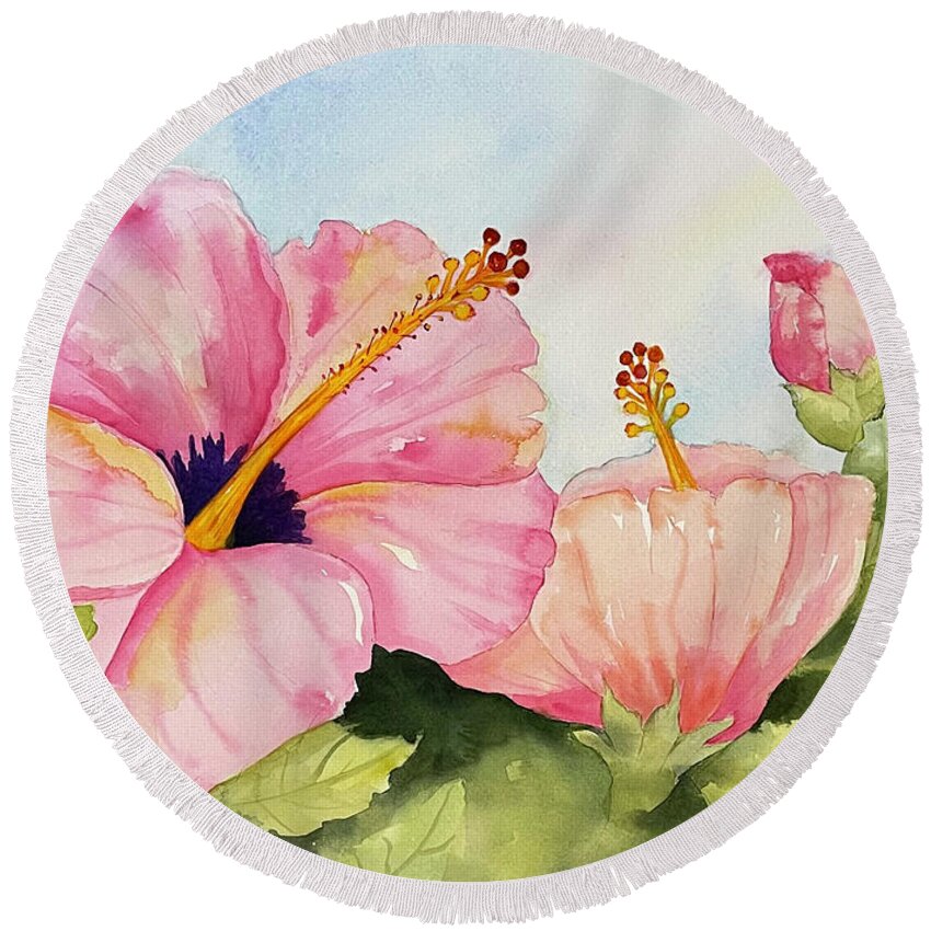 Hibiscus Round Beach Towel featuring the painting Hawaiian Hibiscus by Hilda Vandergriff