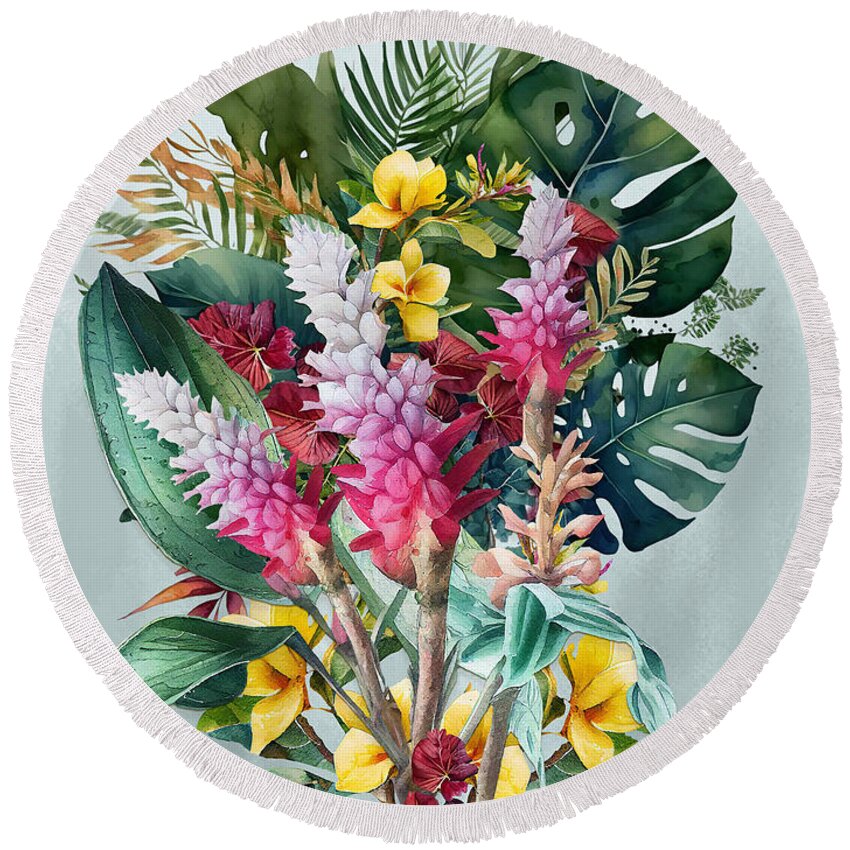 Tropical Flowers Round Beach Towel featuring the digital art Hawaiian Lilies and Shell Ginger by J Marielle