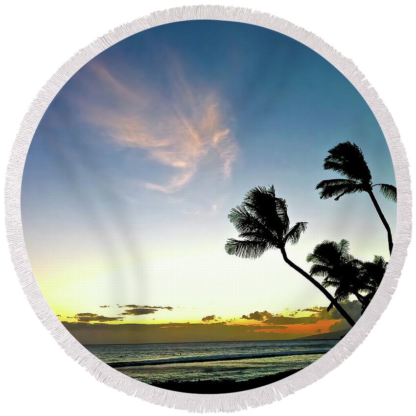 Hawaii Round Beach Towel featuring the photograph Hawaiian Sunset Clouds Palm Trees Ocean Beach by Deborah League