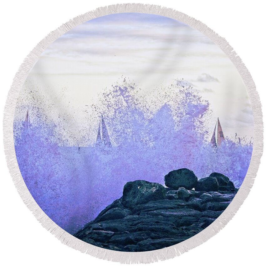 Surreal Round Beach Towel featuring the photograph Hawaiian Surf And Sails by David Desautel