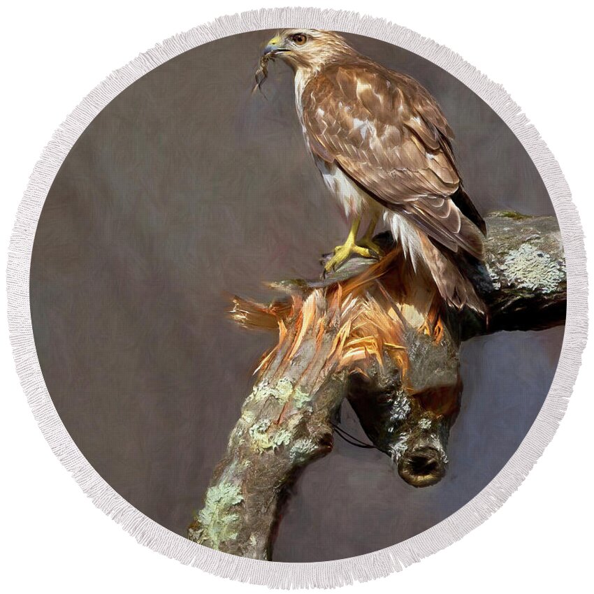 Hawk Round Beach Towel featuring the photograph Hawk and Frog by Art Cole