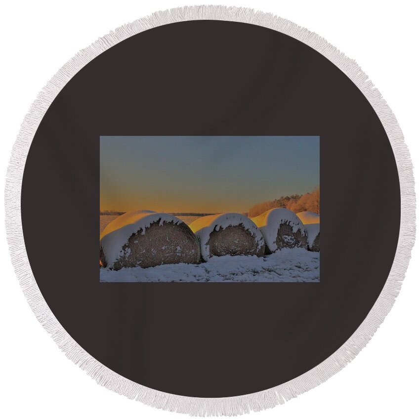 Hay Round Beach Towel featuring the photograph Hay Roll In Snow #1 by Eric Towell
