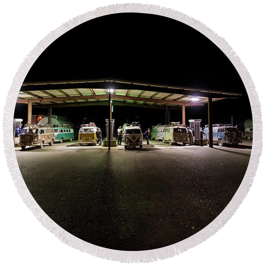 Richard Kimbrough Round Beach Towel featuring the photograph Hayfork Gas Station Invasion by Richard Kimbrough