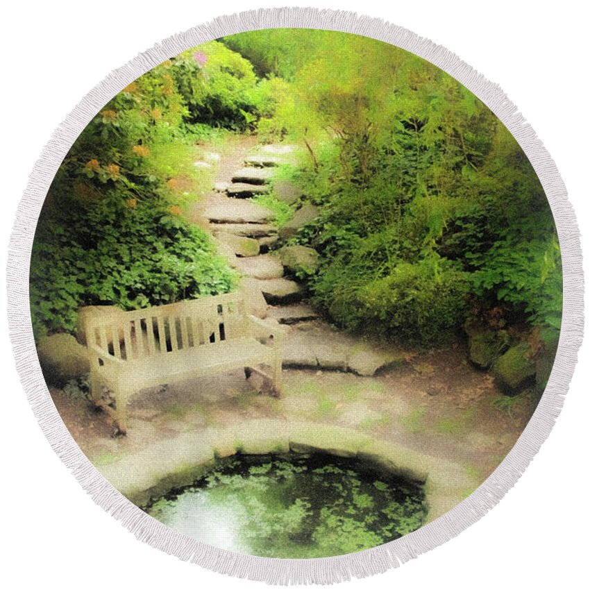 Pond Water Bench Stone Steps Fog Round Beach Towel featuring the photograph Hazy Pond by John Linnemeyer