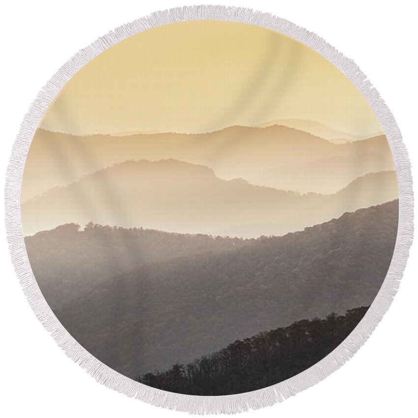 Maggie Valley Round Beach Towel featuring the photograph Hazy Sunrise In The Mountains by Jordan Hill
