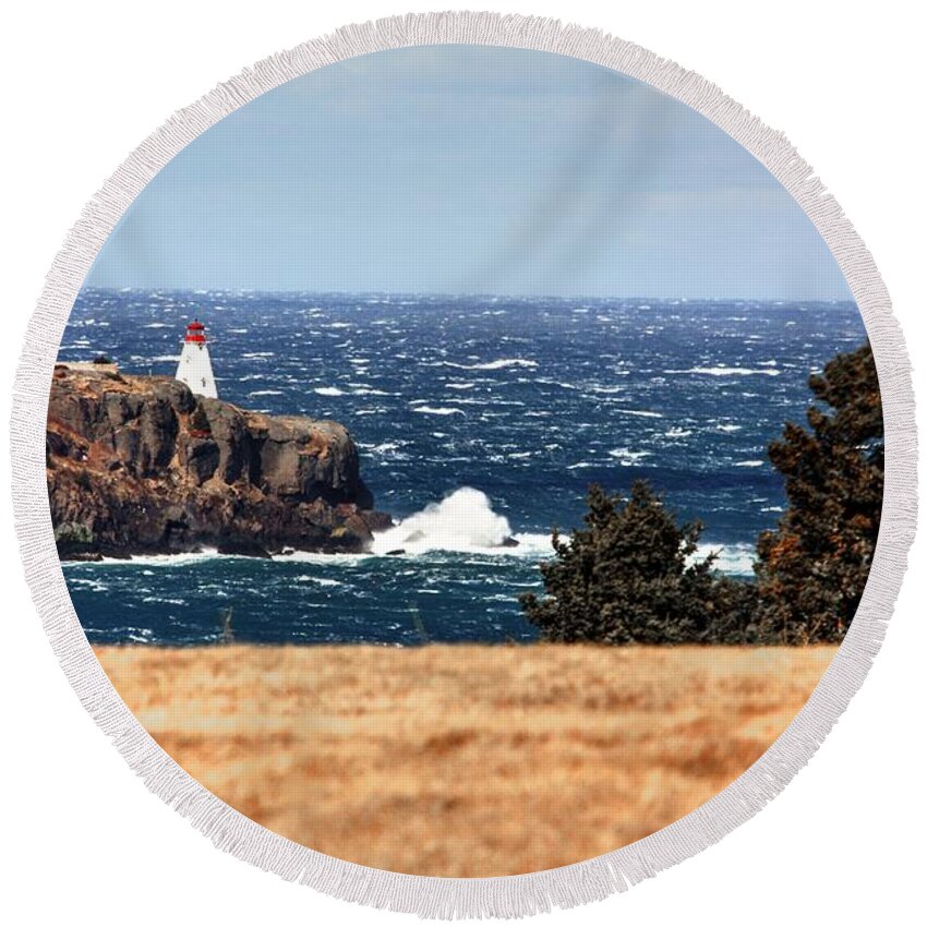 Boars Head Lighthouse The Bay Of Fundy Storm Gale Sea Ocean Waves Rocks Windy Waves Rough Petit Passage Ferry Round Beach Towel featuring the photograph Head Land by David Matthews