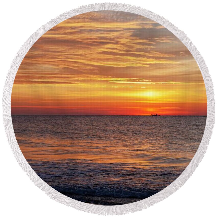Sunrise Round Beach Towel featuring the photograph Heading Out by Laurinda Bowling