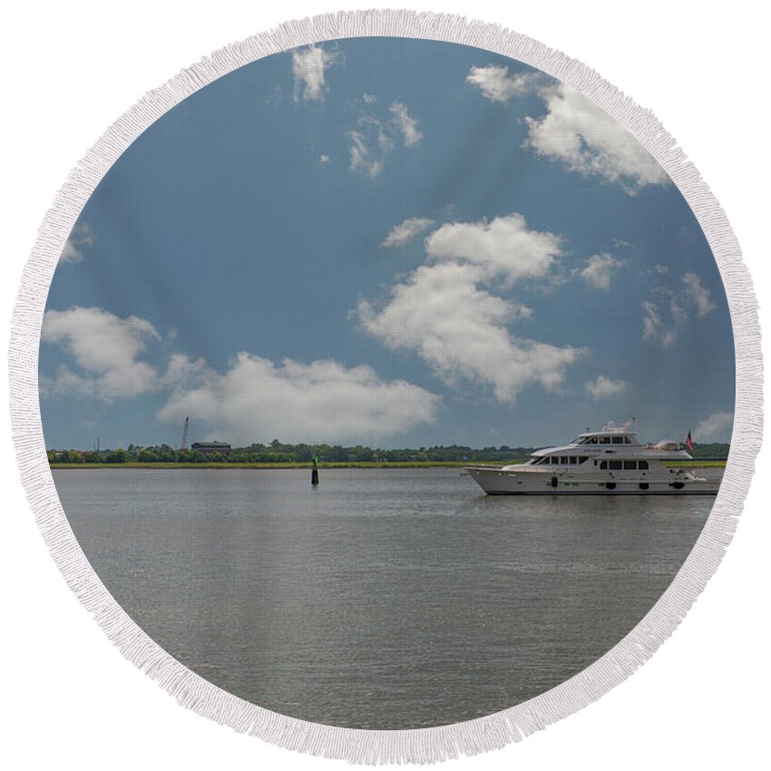 Blue Ridge Round Beach Towel featuring the photograph Heading out of Charleston - Luxury Yacht by Dale Powell